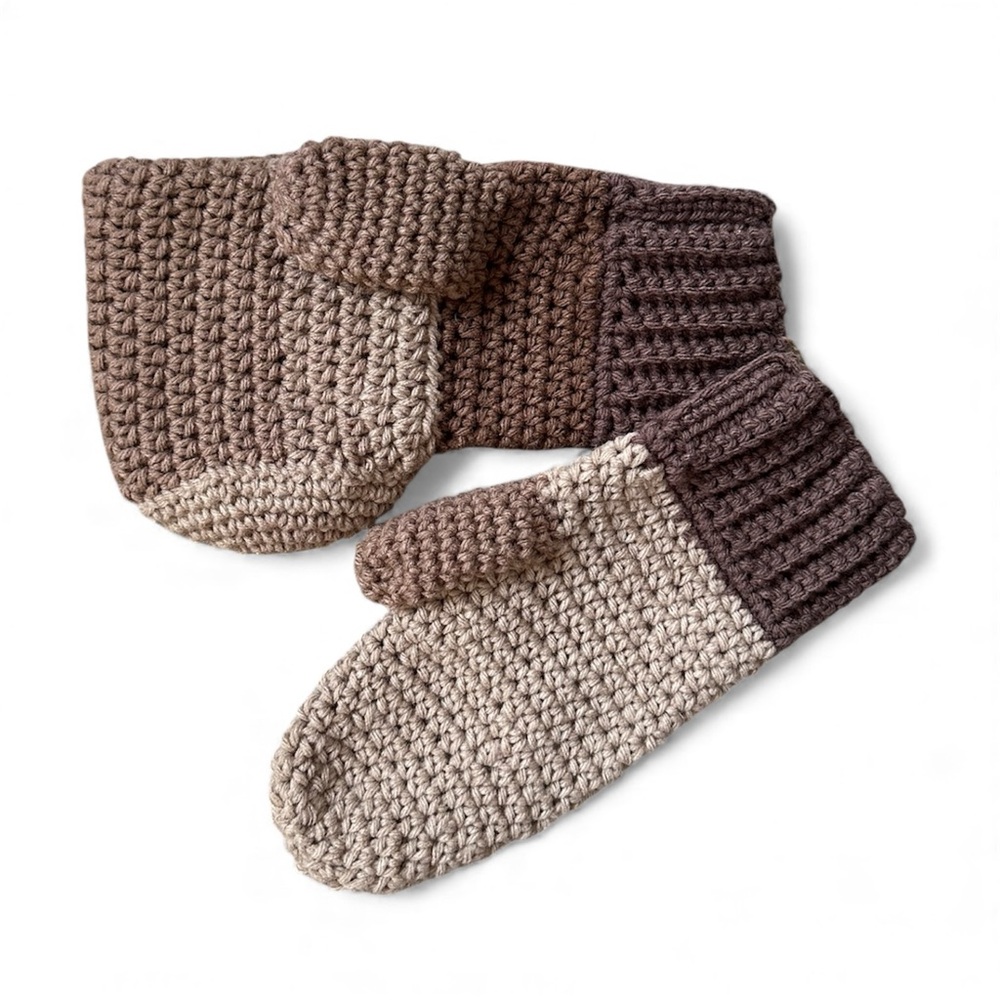 HAND KNIT Mittens with Built In Drink Koozie Brown and Tan Knitted Socks
